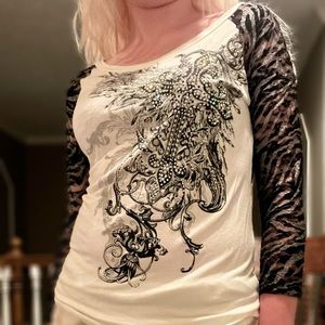 NWT Angels and Diamonds zebra striped cross Shirt XS